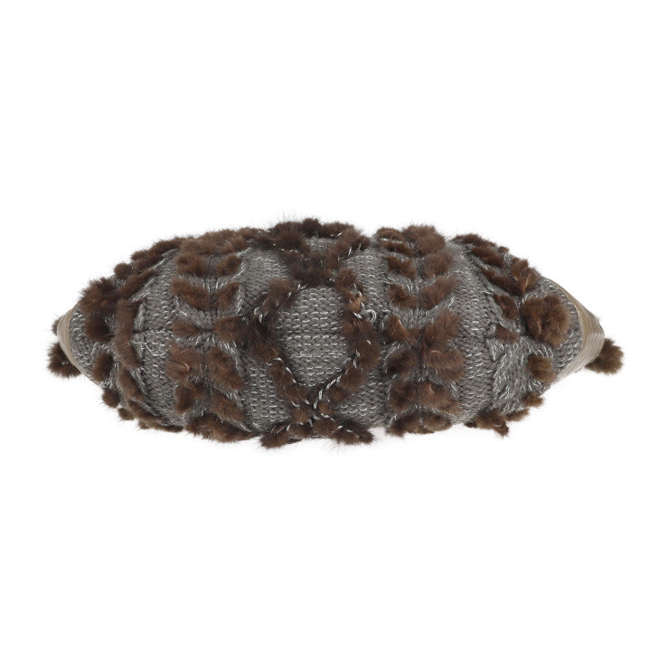 美品 Salvatore Ferragamo サルヴァトーレ フェラガモ ガンチーニ ハンドバッグ 21 6956 ニット×ファー×レザー グレー ブラウン オリーブドラブ系 ショルダーバッグ トートバッグ ショッピングバッグ