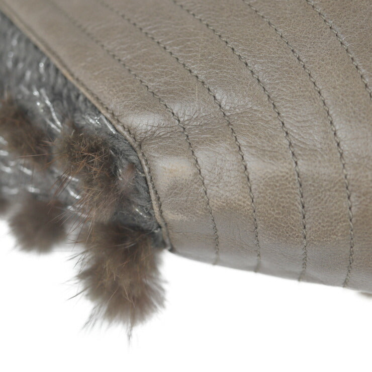 美品 Salvatore Ferragamo サルヴァトーレ フェラガモ ガンチーニ ハンドバッグ 21 6956 ニット×ファー×レザー グレー ブラウン オリーブドラブ系 ショルダーバッグ トートバッグ ショッピングバッグ