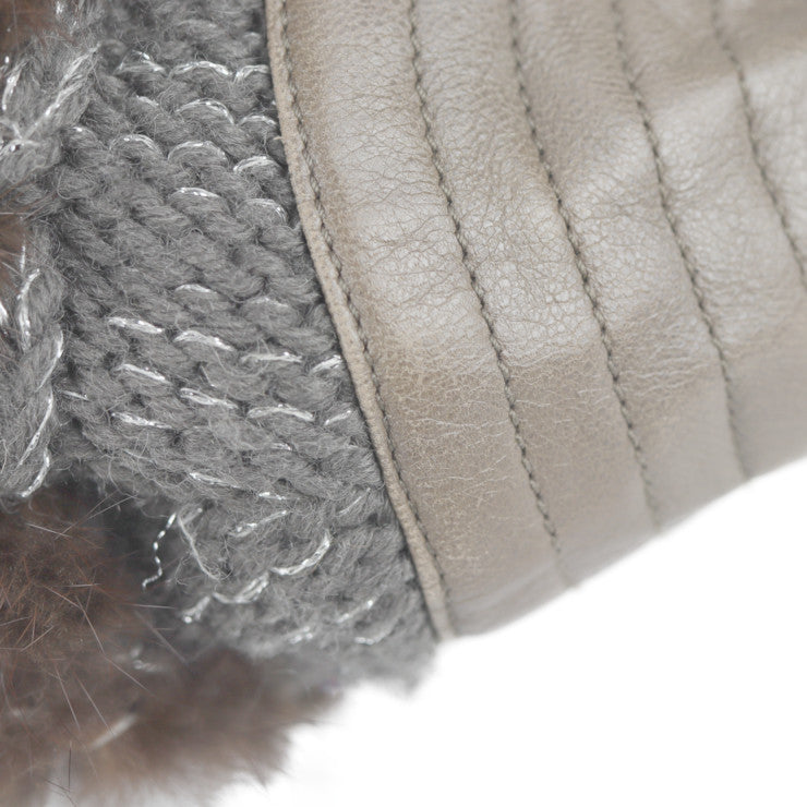 美品 Salvatore Ferragamo サルヴァトーレ フェラガモ ガンチーニ ハンドバッグ 21 6956 ニット×ファー×レザー グレー ブラウン オリーブドラブ系 ショルダーバッグ トートバッグ ショッピングバッグ