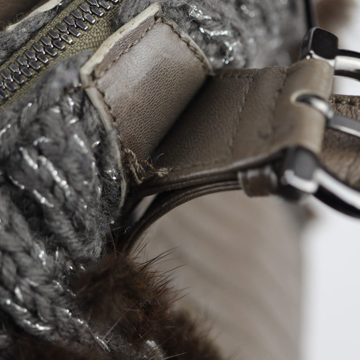 美品 Salvatore Ferragamo サルヴァトーレ フェラガモ ガンチーニ ハンドバッグ 21 6956 ニット×ファー×レザー グレー ブラウン オリーブドラブ系 ショルダーバッグ トートバッグ ショッピングバッグ