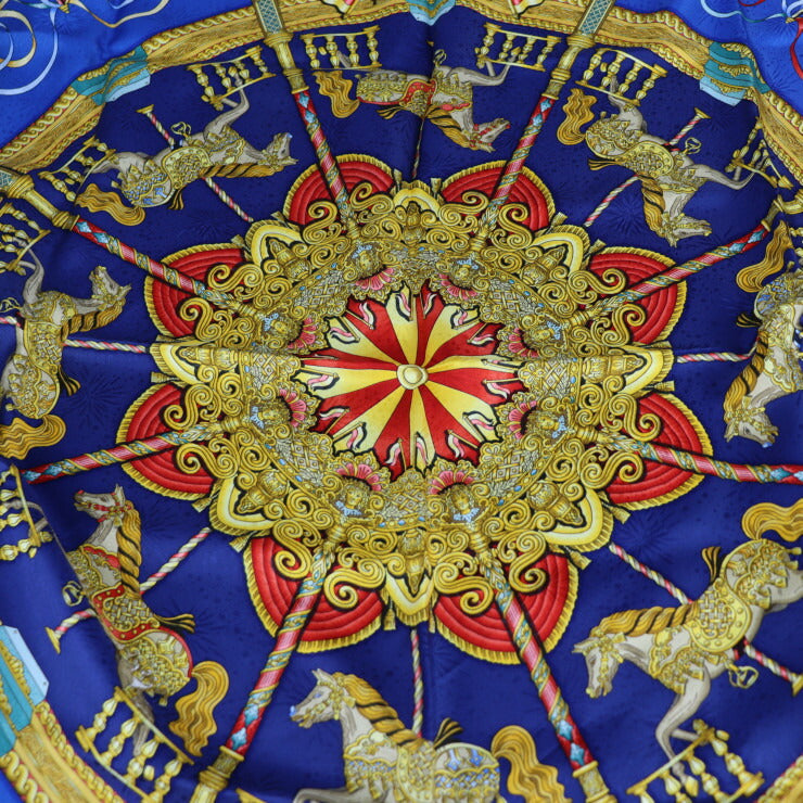 超美品 HERMES エルメス LUNA PARK ルナパーク 遊園地 カレ90 スカーフ シルク ブルー マルチカラー メリーゴーランド