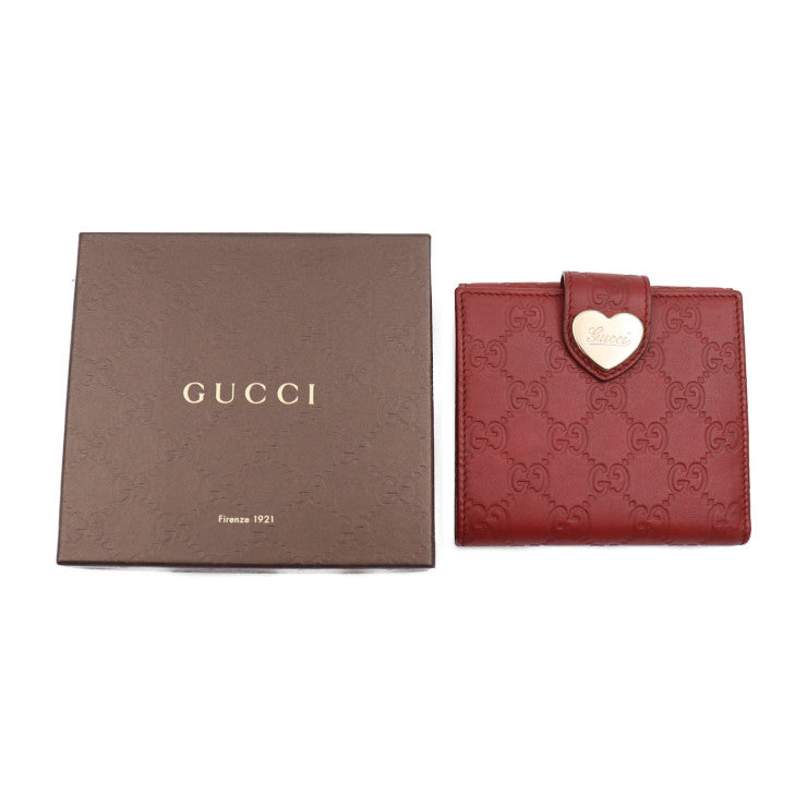 美品 GUCCI グッチ グッチシマ 二つ折り財布 203549 レザー レッド系 ゴールド金具 コンパクトウォレット Wホック ハートプレート