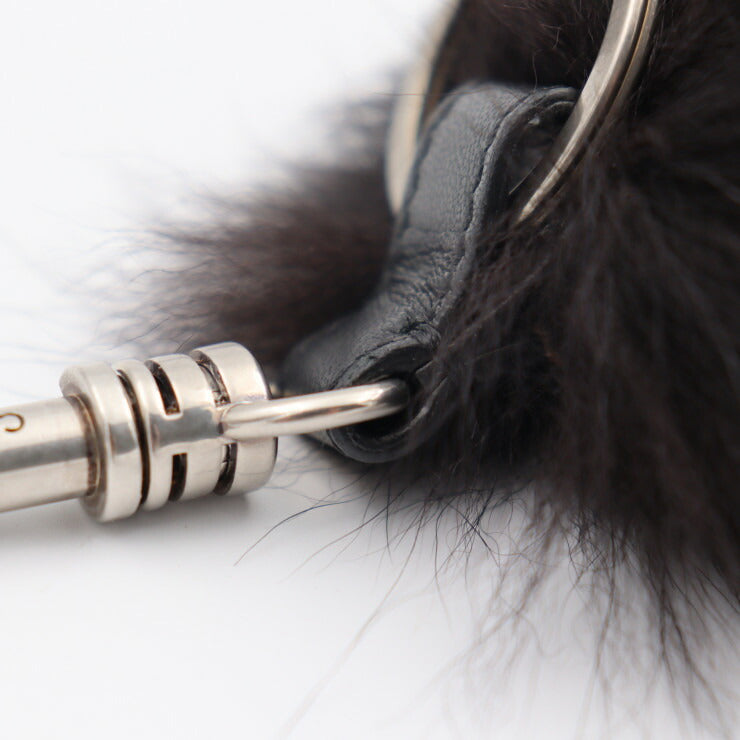 美品 CELINE セリーヌ FOX TAIL フォックス テール キーホルダー フォックスファー ブラック シルバー金具 キーリング バッグチャーム