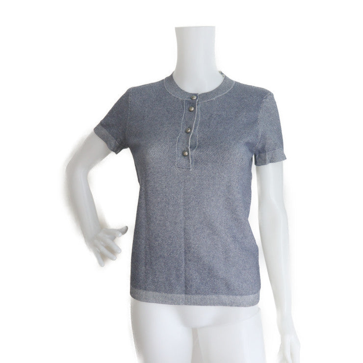 超美品 CHANEL シャネル 半袖 トップス カットソー P51227K06581 ＃36 カシミヤ76％ コットン24％ ブルー系 シルバー金具 ココマーク入りボタン