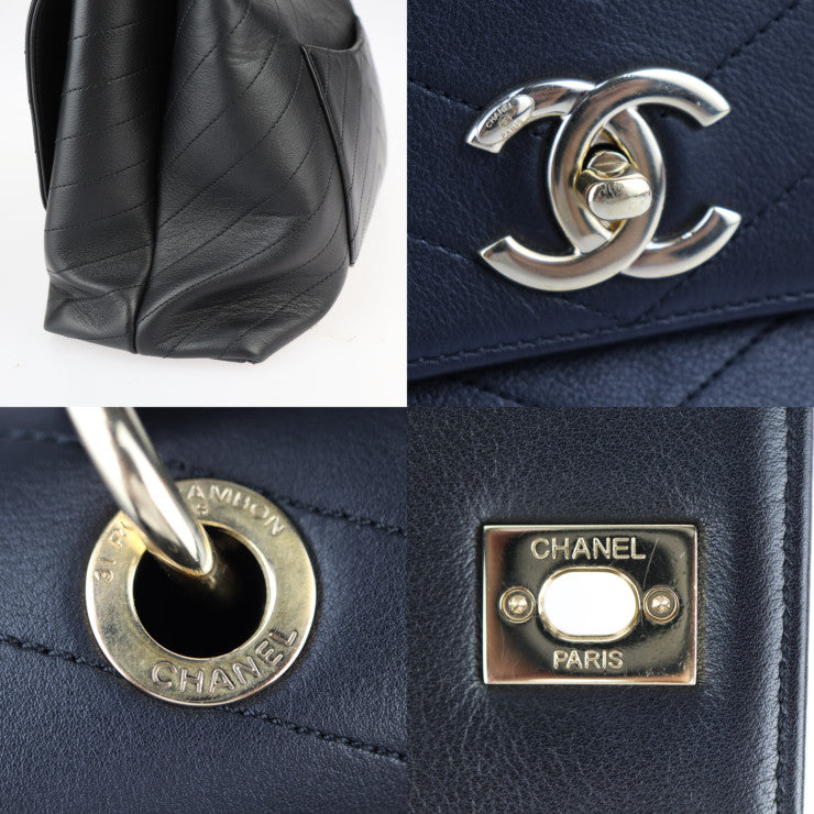 美品 CHANEL シャネル トップハンドル 2WAYバッグ シェブロン ハンドバッグ - カーフレザー ブラック ゴールド金具 Vステッチ ココマーク チェーン ショルダーバッグ ターンロック