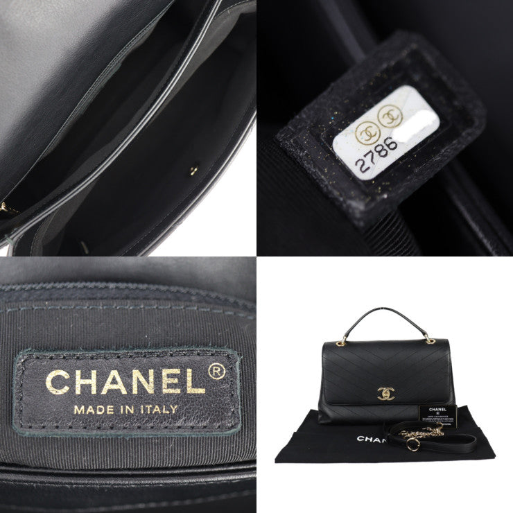 美品 CHANEL シャネル トップハンドル 2WAYバッグ シェブロン ハンドバッグ - カーフレザー ブラック ゴールド金具 Vステッチ ココマーク チェーン ショルダーバッグ ターンロック
