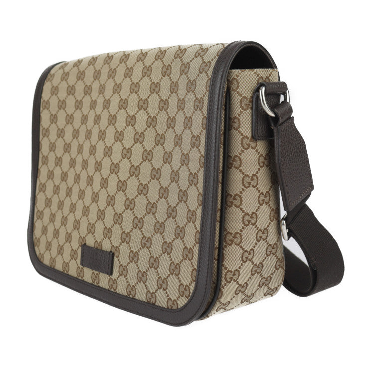 美品 GUCCI グッチ ショルダーバッグ GGキャンバス メッセンジャーバッグ 449171 キャンバス レザー ベージュ ブラウン シルバー金具 フラップ クロスボディ