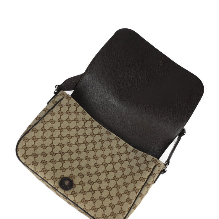 美品 GUCCI グッチ ショルダーバッグ GGキャンバス メッセンジャーバッグ 449171 キャンバス レザー ベージュ ブラウン シルバー金具 フラップ クロスボディ