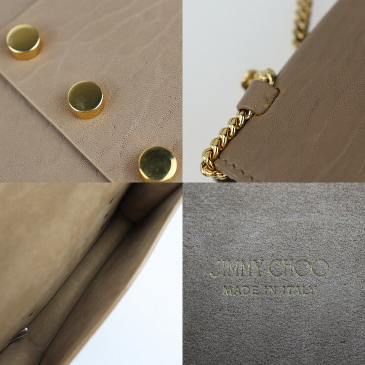 超美品 JIMMY CHOO ジミーチュウ レイラ ショルダーバッグ GNL 163 レザー ライトモカ ゴールド金具 2WAY クラッチバッグ チェーン ポシェット