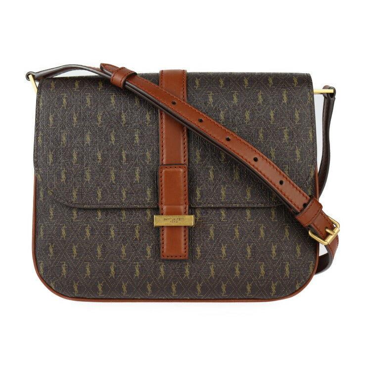 超美品 SAINT LAURENT サンローラン サッチェル ル モノグラム ショルダーバッグ 568604 PVC レザー ブラウン系 ゴールド金具 YSLロゴ ポシェット