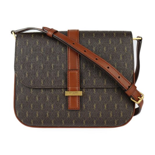 超美品 SAINT LAURENT サンローラン サッチェル ル モノグラム ショルダーバッグ 568604 PVC レザー ブラウン系 ゴールド金具 YSLロゴ ポシェット