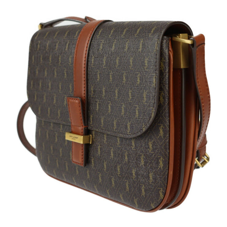 超美品 SAINT LAURENT サンローラン サッチェル ル モノグラム ショルダーバッグ 568604 PVC レザー ブラウン系 ゴールド金具 YSLロゴ ポシェット