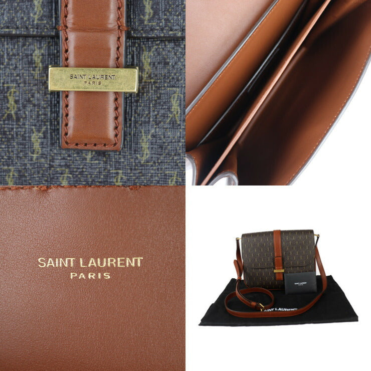 超美品 SAINT LAURENT サンローラン サッチェル ル モノグラム ショルダーバッグ 568604 PVC レザー ブラウン系 ゴールド金具 YSLロゴ ポシェット
