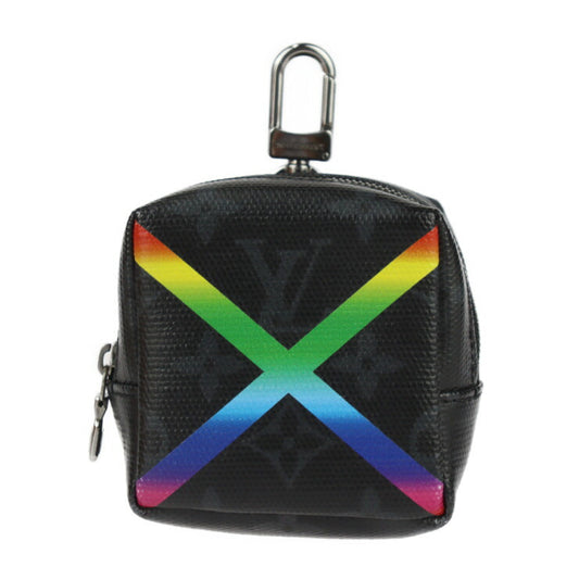 美品 LOUIS VUITTON ルイ ヴィトン ビジューサック スクエアーポーチ シャイニー モノグラム ポーチ MP2467 コーティングキャンバス レザー ブラック レインボーカラー バッグチャーム キーリング ビトン